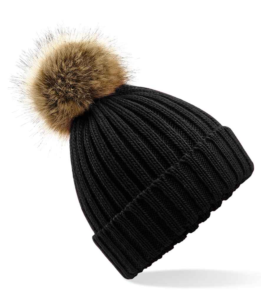 Beechfield Faux Fur Pop Pom Chunky Beanie - BLK