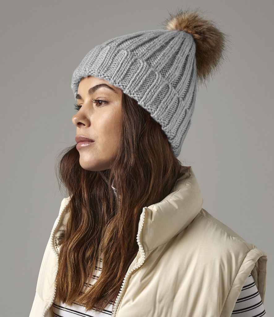 Beechfield Faux Fur Pop Pom Chunky Beanie - LGR