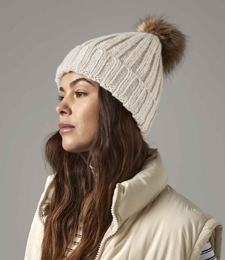 Beechfield Faux Fur Pop Pom Chunky Beanie - OAT