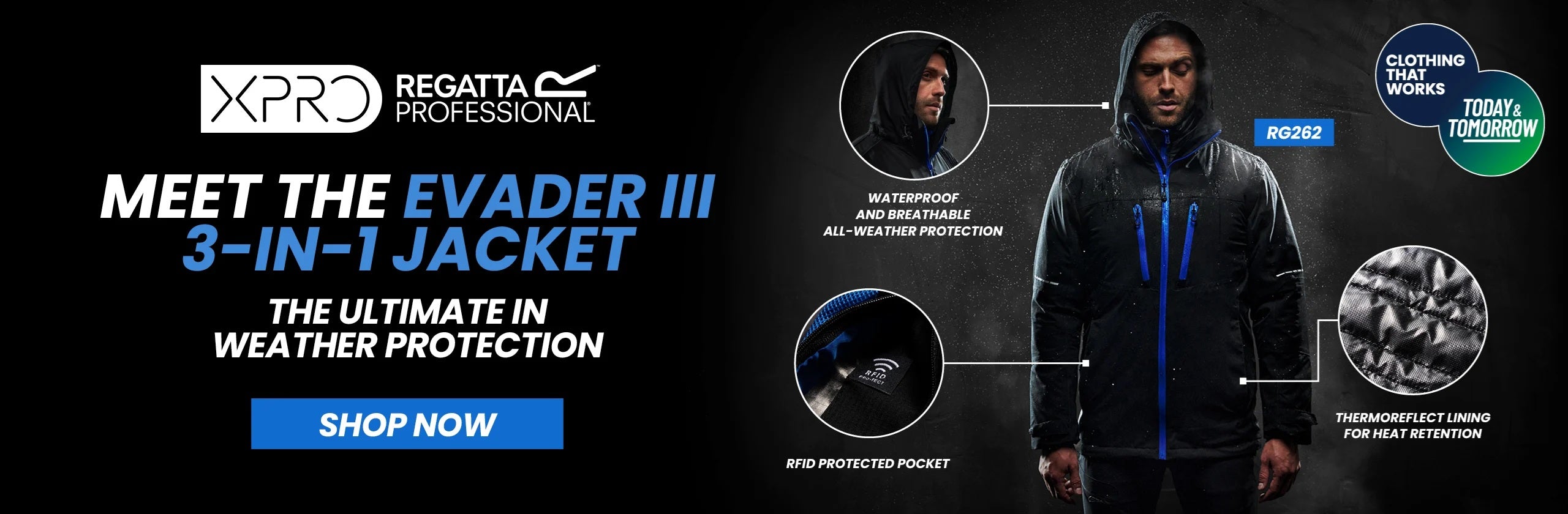 Promotional banner for XPRO Regatta Professional Evader III jacket with features and call to action.