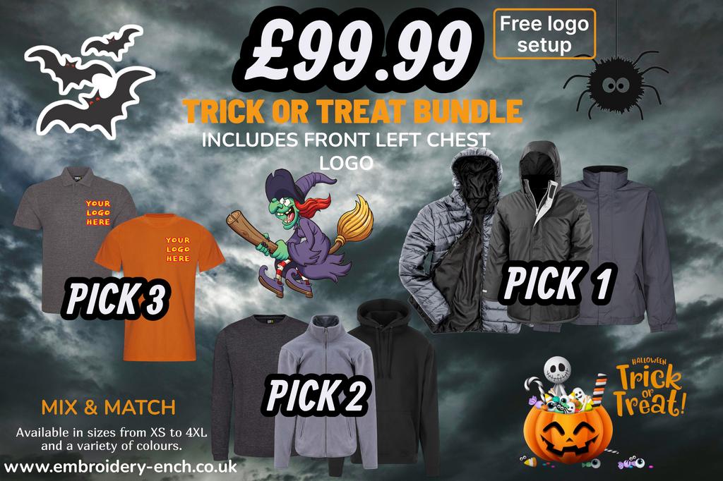 TRICK OR TREAT BUNDLE – £99.99 – Free logo setup (Left Chest)