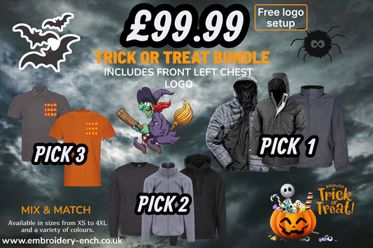 TRICK OR TREAT BUNDLE – £99.99 – Free logo setup (Left Chest)